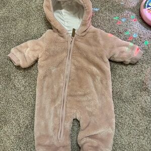 Adorable Plush Hooded Baby Footie in Soft Pink